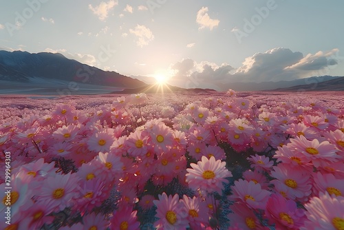 Serene Sunset Over Vibrant Pink Flower Field in Scenic Mountain Landscape