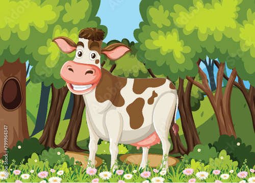 A cheerful cow standing among green trees
