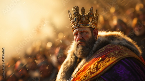 Regal king in a detailed fur cloak and ornate crown looks onward, his intense gaze emanating power, with a blur of armored soldiers in the background looming battle