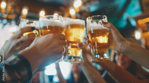 Close-up shot of multiple hands clinking beer glasses together in a vibrant bar setting. photo