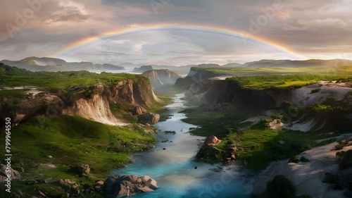 A rainbow over a river with a rainbow in the background.