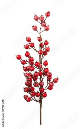 Red artificial plastic cherries berries to decorate Christmas isolated on white