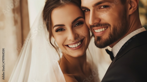 Amazing smiling wedding couple. Pretty bride and stylish groom
