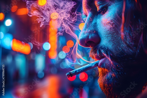 Urban Nightlife: Man Smoking in Neon-Lit Cityscape photo