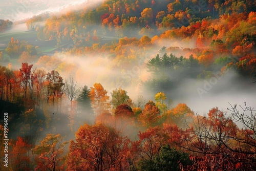 A misty forest with trees in autumn colors