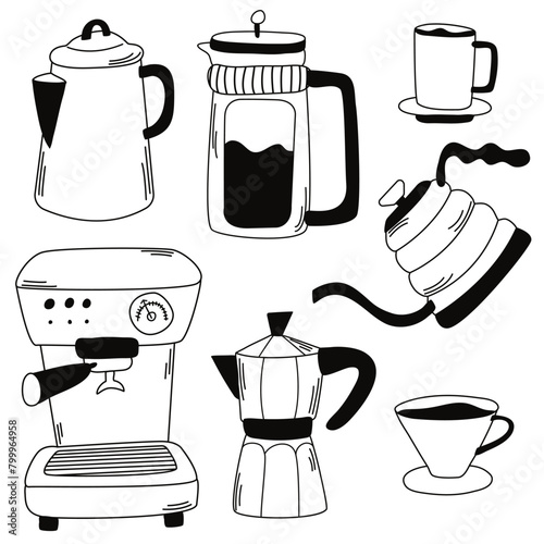Set of coffee machine, press, moka pot, cup, kettle in doodle style. Icon collection for menu, coffee shop. 