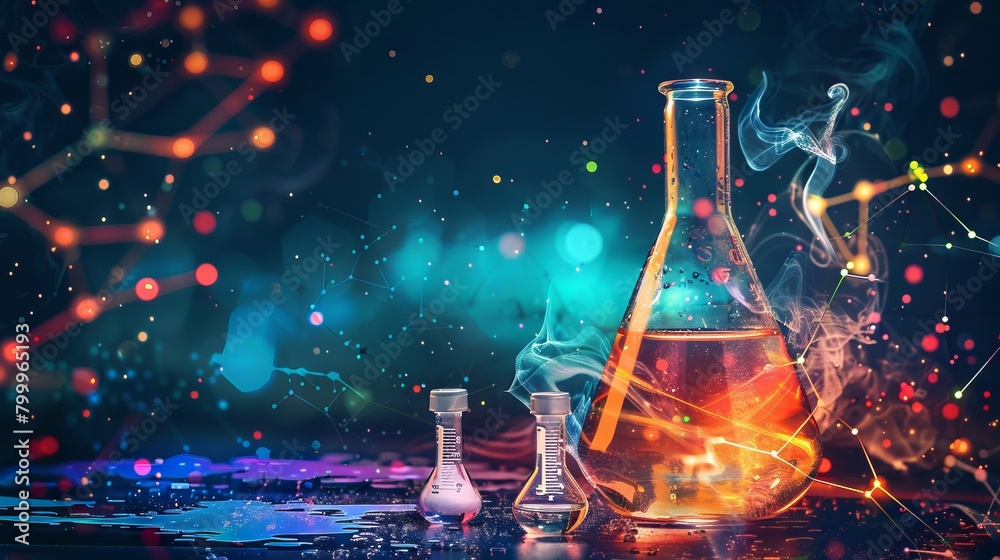 Vibrant chemistry lab scene: glass flask, vial, and abstract digital banner Vibrant chemistry lab scene: glass flask, vial, and abstract digital banner