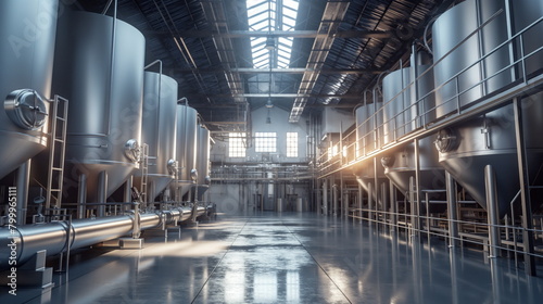 Brewery or alcohol production factory. Large steel fermentation tanks in spacious hall photo