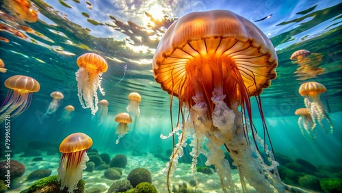 jellyfishes in a water background. medusa water animal high quality photo