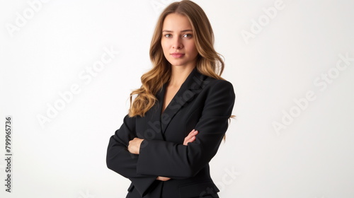 confident businesswoman in a professional attire, standing against a white background, exuding determination and leadership