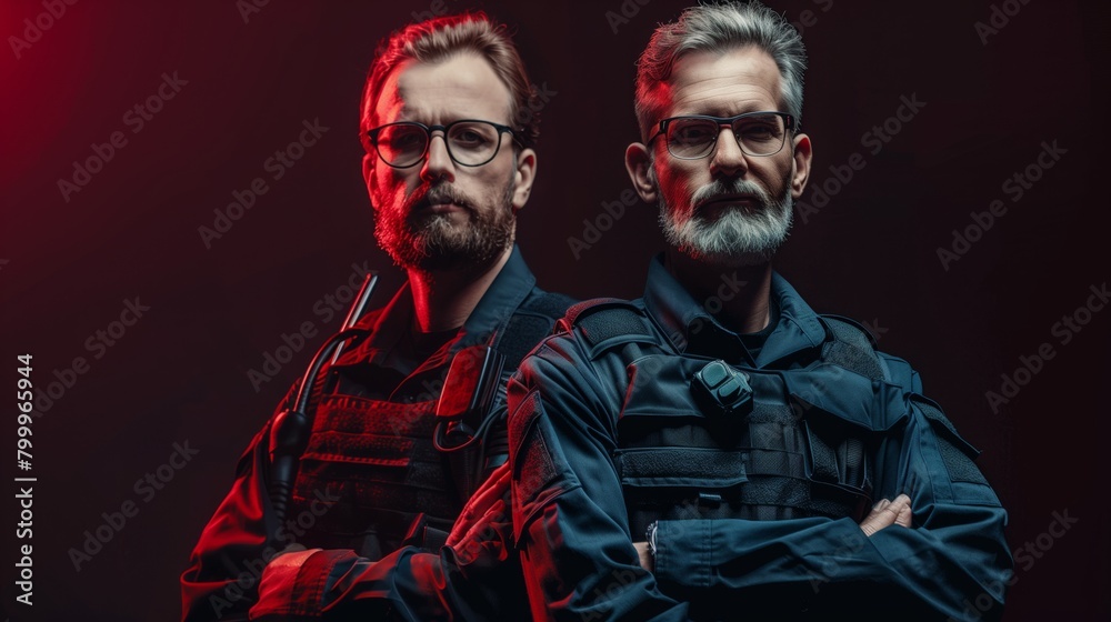 Two men with dramatic lighting, one in red mechanic clothes and other in dark tactical gear.