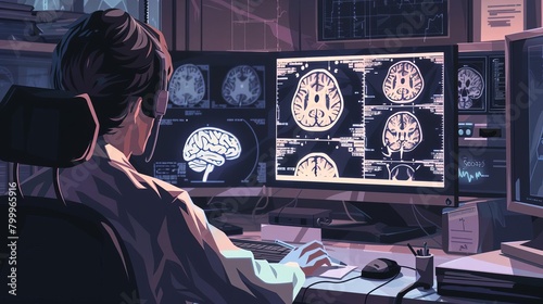 Researcher analyzing brain scans on digital monitor, dimly lit lab, closeup, sharp focus photo
