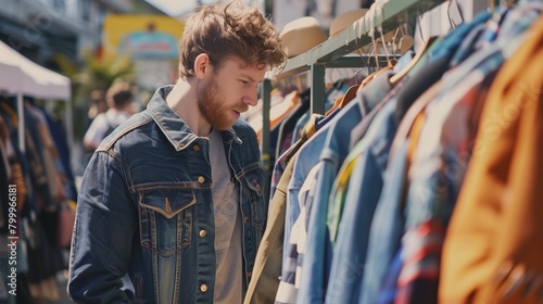 Young man with red hair browsing through clothes at a sunny outdoor market. photo