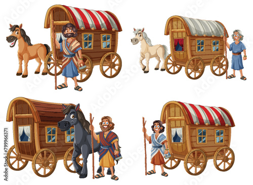 Colorful vector illustration of medieval travelers and carriages. © brgfx
