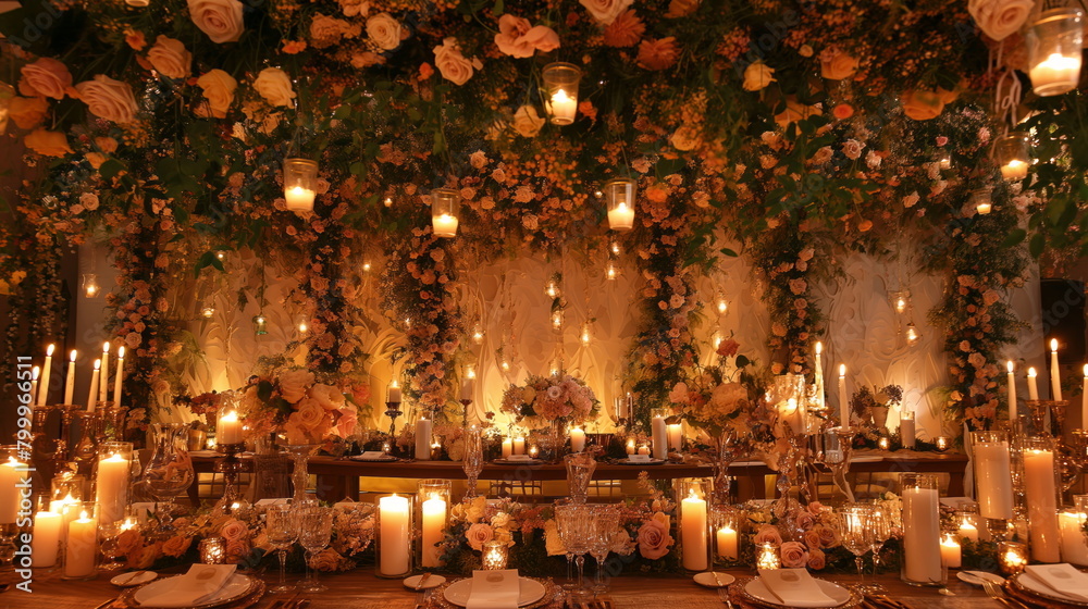 Elegant Wedding Decor: Luxurious wedding reception setup with floral arrangements and candles