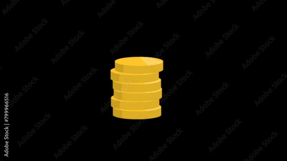 Animation of golden coins falling on top of each other. 2D motion animated footage. Alpha channel. Transparent background.