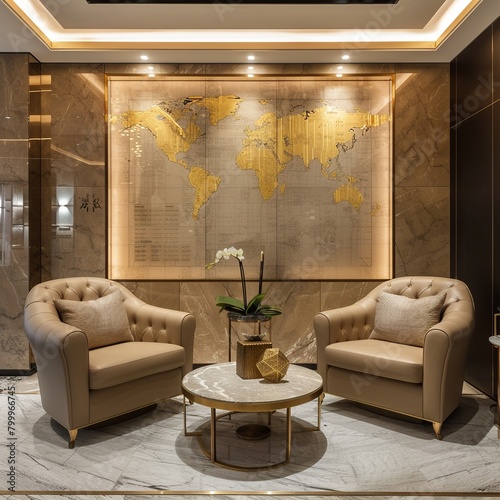 Private banking lounge displaying golden trading graphs on elegant marble walls, exclusive financial services