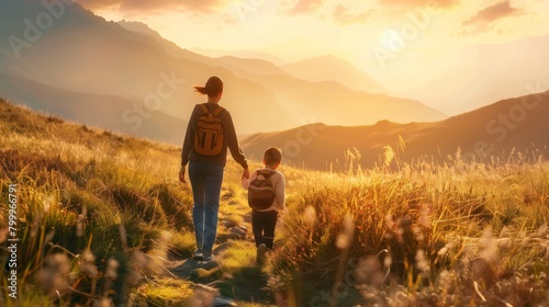 Mother and child hiking in golden sunset through mountainous landscape, holding hands. #799966791