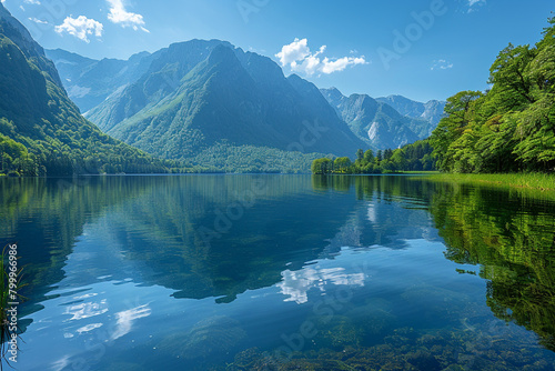 A serene lake nestled between lush green mountains, reflecting the clear blue sky above.
