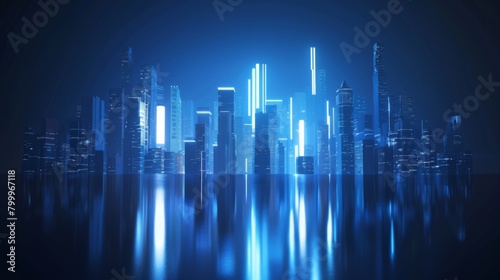 Abstract futuristic city skyline with glowing hologram buildings on a dark blue background © wanna