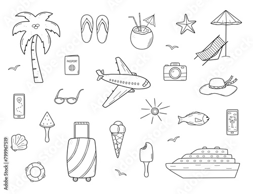 Set of summer travel doodle style icons. Vector illustration of the elements of tourism and beach holidays. © Elenglush