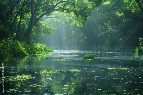 A serene river winding through a tranquil forest  with sunlight filtering through the canopy above.