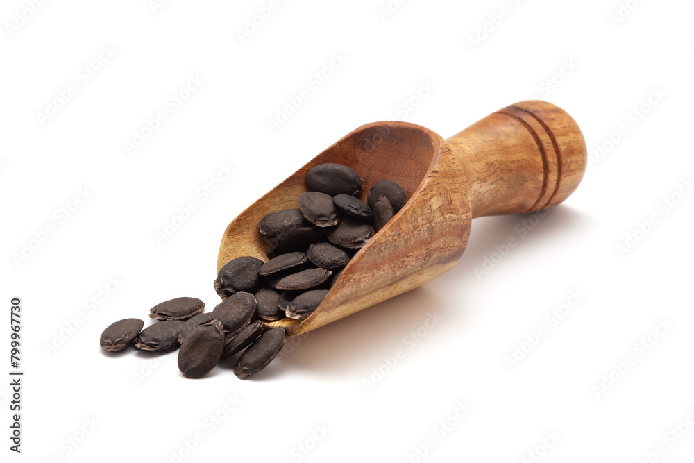 Front view of a wooden scoop filled with dry Organic sponge gourd (Luffa aegyptiaca) seeds. Isolated on a white background. Front view of a wooden scoop filled with dry Organic sponge gourd (Luffa aegyptiaca) seeds. Isolated on a white background.