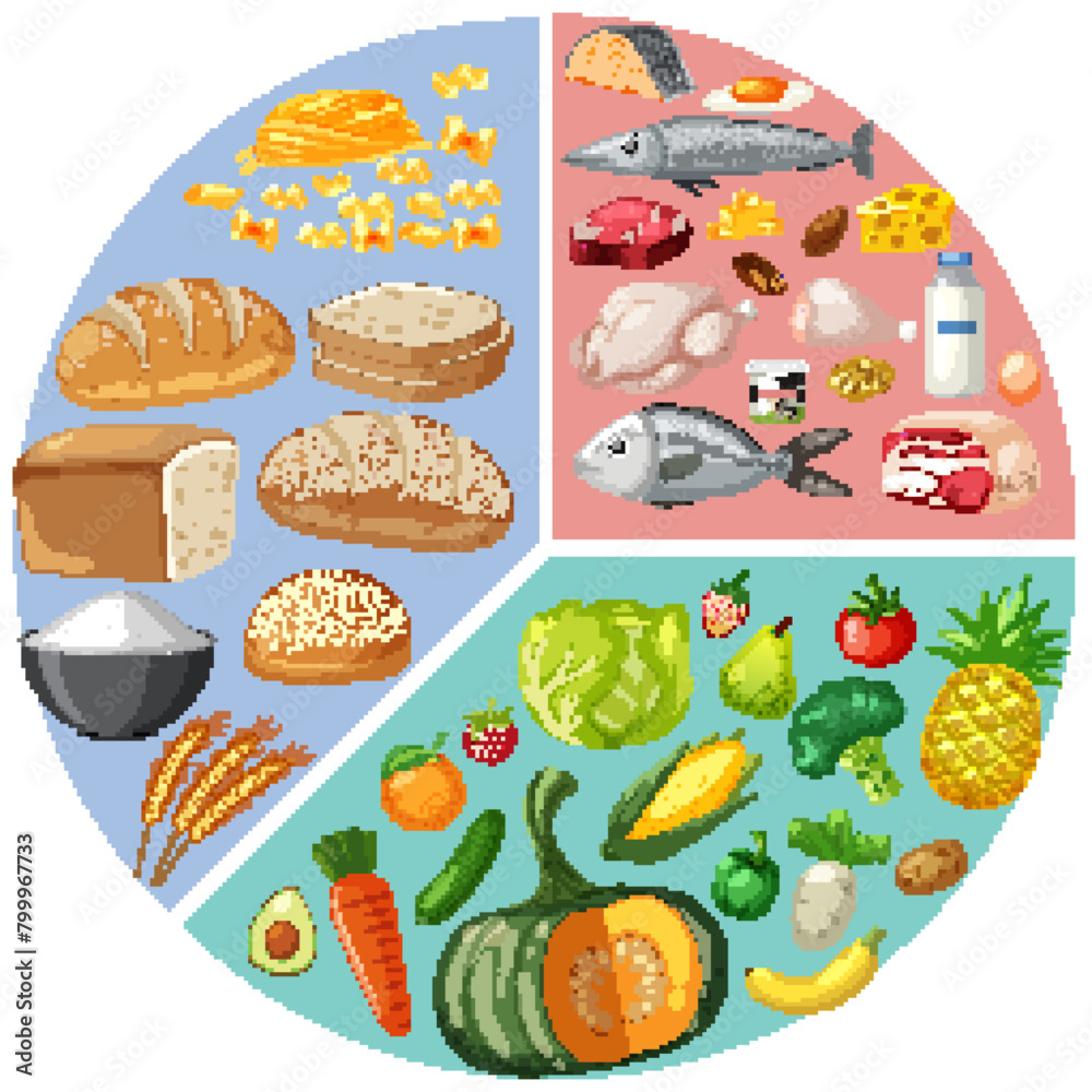 Illustration of various food groups in vibrant colors. Illustration of various food groups in vibrant colors.