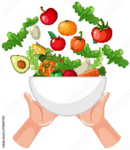 Hands holding a bowl filled with fresh vegetables.