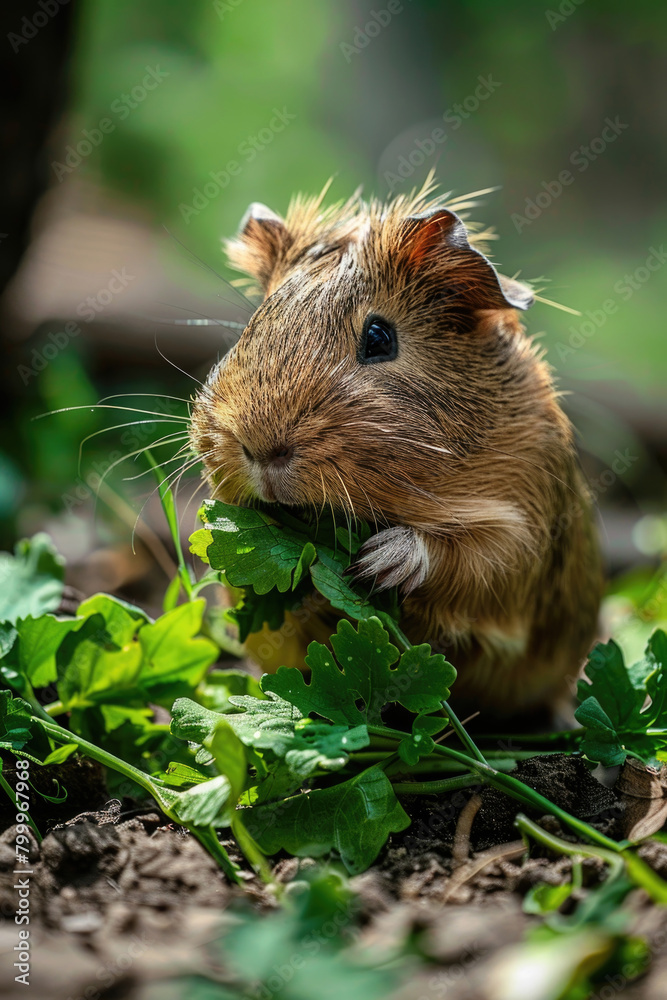 A small rodent is nibbling on fresh green leaves in its natural habitat A small rodent is nibbling on fresh green leaves in its natural habitat