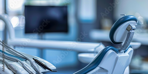 Dentist chair in modern dental office. Blurred background. dental equipment, operating devices.