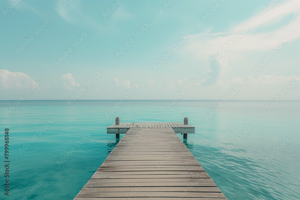 An empty wooden beach pier leading into turquoise water of the maldives Island to the sunlit skyline