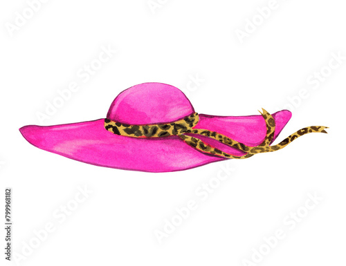 women's pink hat with leopard print ribbon, wide brim, decoration, hand drawn in watercolor for stickers, magazines, decoration