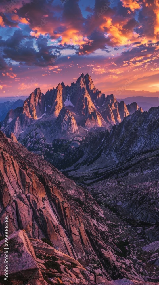 Obraz premium A panoramic view of a jagged mountain range at sunset, painted in fiery orange and purple hues