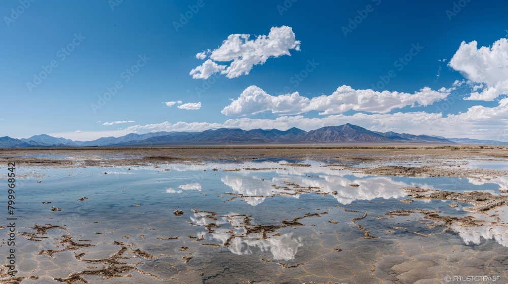 A vast, cracked salt flat reflecting the endless blue sky, distant mountains shimmering in a mirage