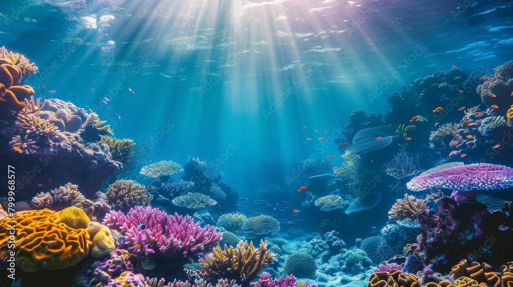 Naklejka premium A vibrant coral reef teeming with colorful fish, sunlight dappling through the crystal-clear water