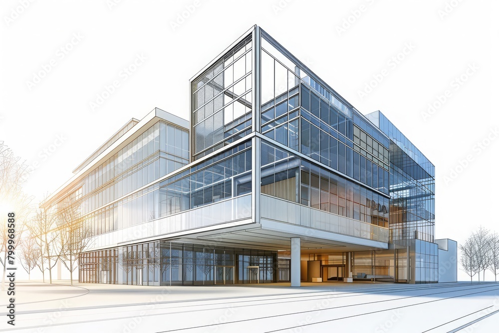 Architectural blueprint drawing of a modern commercial building