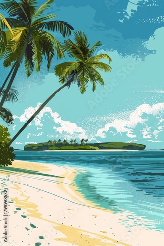 A tropical beach in pop art  turquoise water  white sand  swaying palm trees  simplified shapes