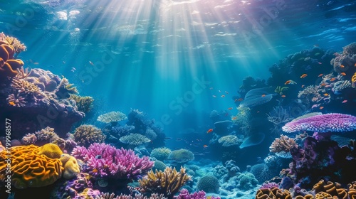 A vibrant coral reef teeming with colorful fish, sunlight dappling through the crystal-clear water