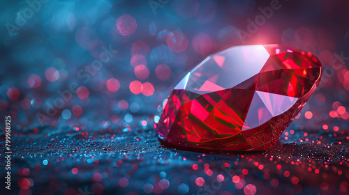 Macro product photography, close-up shot, ruby cut precious stone, isolated against dark iridescent background. Bright, studio lighting, bokeh photo