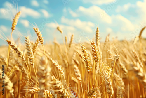 Golden wheat field and blue sky with clouds. Rich harvest Concept.