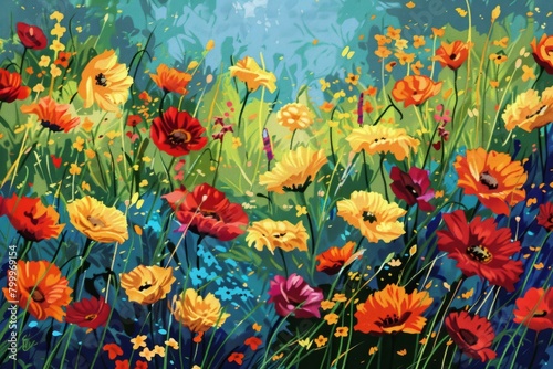 Realistic pop art meadow in full bloom, vibrant wildflowers, bold colors, stylized grass blades, yet realistic textures © ktianngoen0128