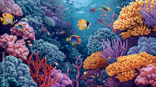 Realistic pop art rendition of a vibrant coral reef teeming with fish, stylized textures, contrasting colors, realistic forms