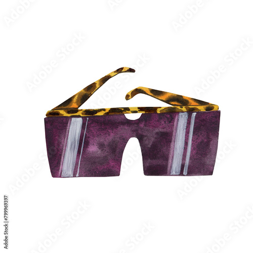 sunglasses with leopard frame in fashionable shape drawn in watercolor by hand for stickers, magazines, decoration