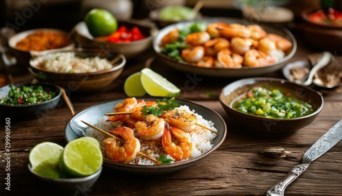 A tempting Asian-style spread: shrimp and rice on wooden table, limes on skewers, pickled peppers, spoons, and knife nearby. Fresh, vibrant, and delicious! photo