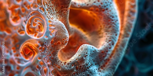 Zoomed-in view of a human ear, high-magnification with intricate cartilage structures