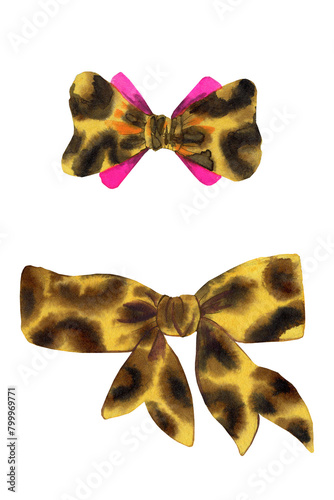 bow, leopard print and pink ribbon, beautiful knot, decoration. hand drawn in watercolor for stickers, magazines, decoration