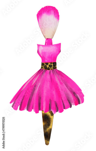 pink color dress, with leopard print belt, with makeup brush, full skirt, hand painted in watercolor for stickers, magazines, decoration