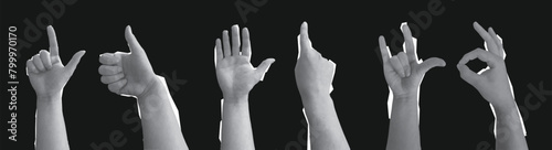 Collage element with hands and cut out shapes and doodle element. Vintage vector set. Retro halftone effect.