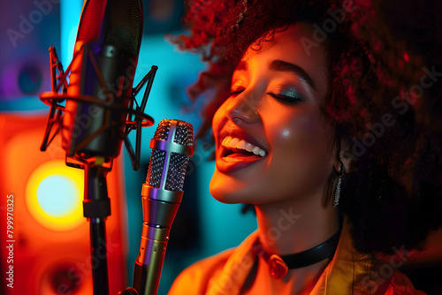 A young, urban black woman showcasing her vocal talent in a professional music studio